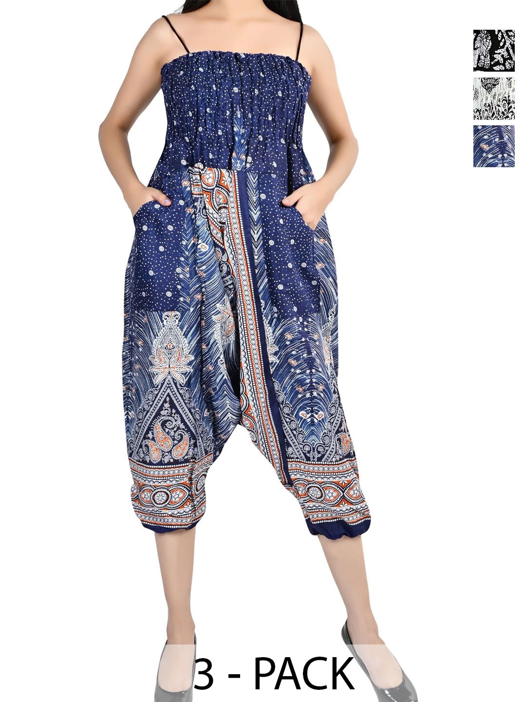 

NarNari Women Pack Of 3 Printed Mid-Rise Harem Pants, Blue