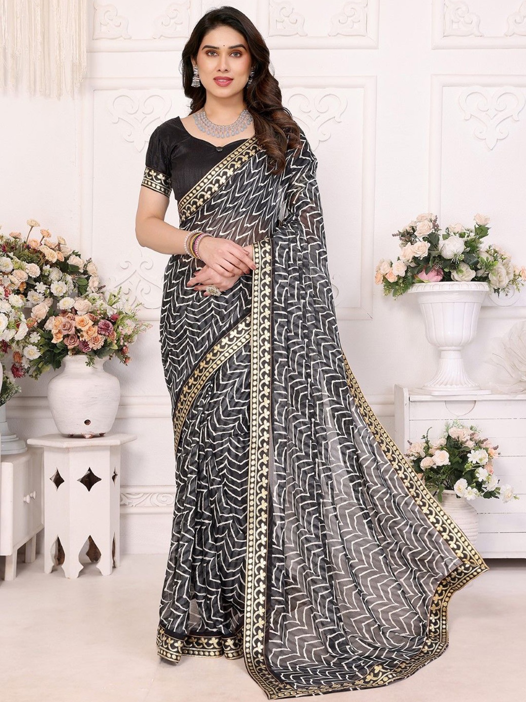 

KALINI Floral Poly Georgette Saree, Black