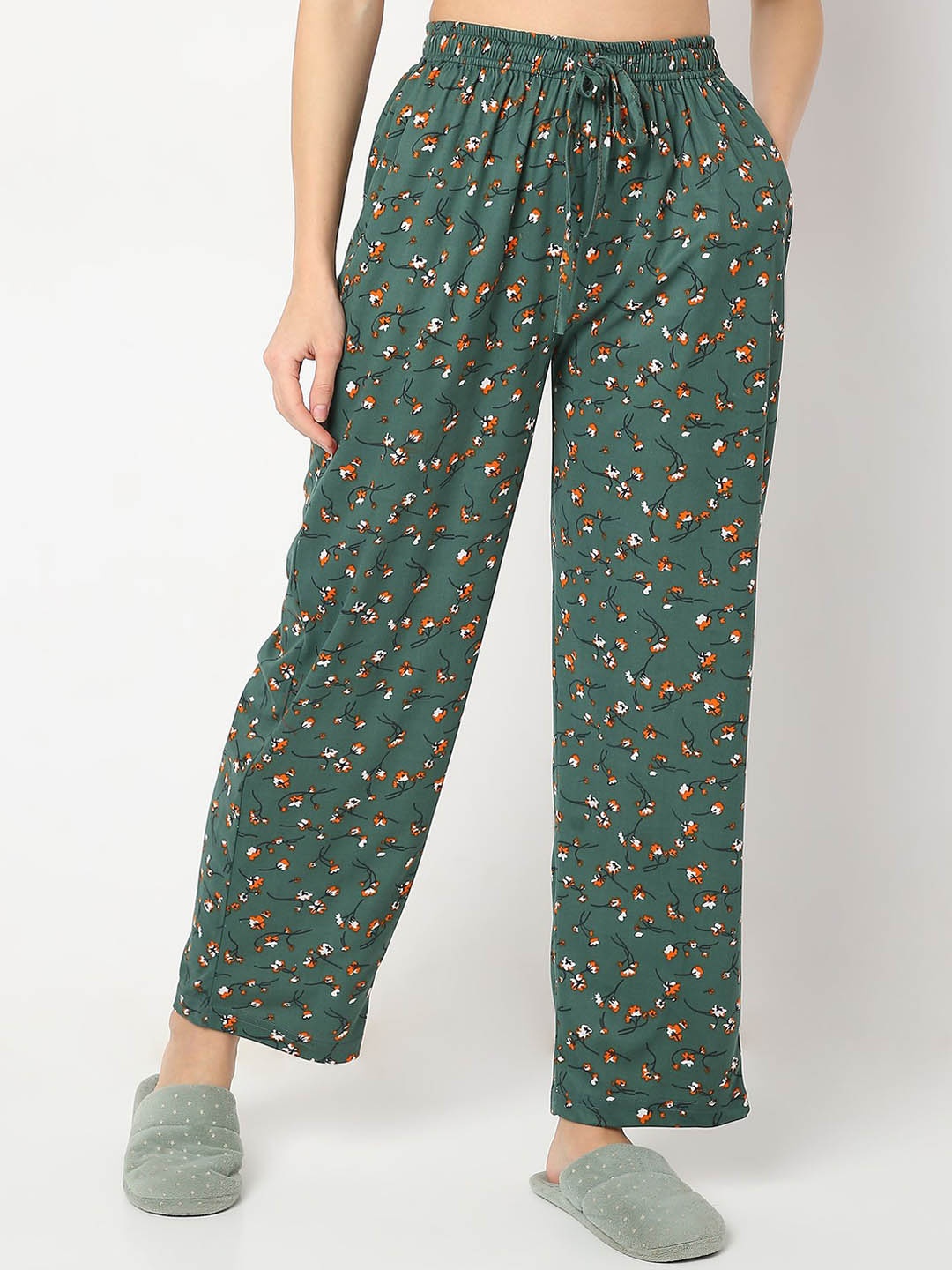 

Smarty Pants Women Floral Printed Cotton Mid-Rise Lounge Pants, Green