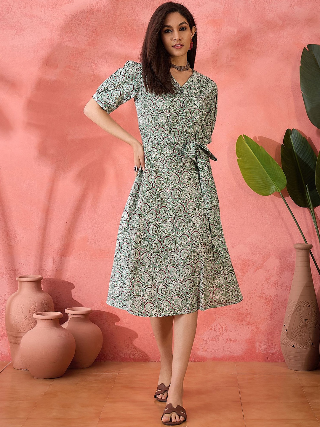 

Sangria Printed Pure Cotton A-Line Ethnic Dress, Green