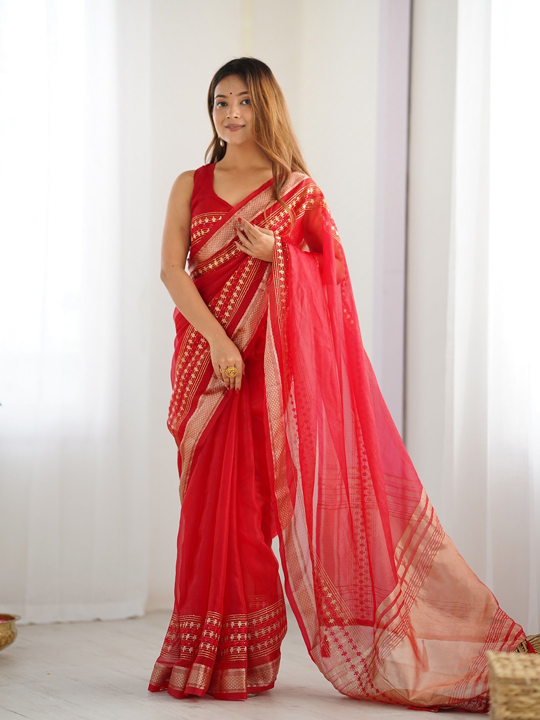 

J.KANJI Zari Organza Khadi Saree, Red