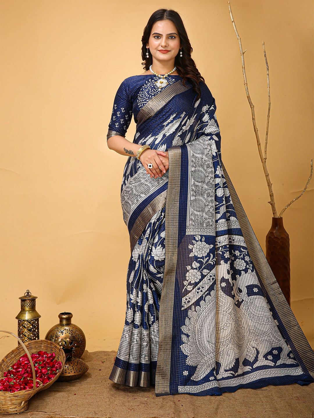 

KAYOMMI Floral Zari Pure Cotton Kanjeevaram Saree, Blue