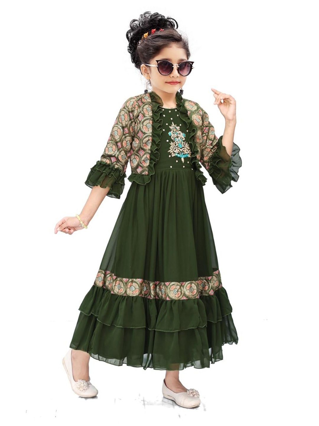 

SHAURYA INNOVATION Flared Sleeve Net A-Line Maxi Dress, Green