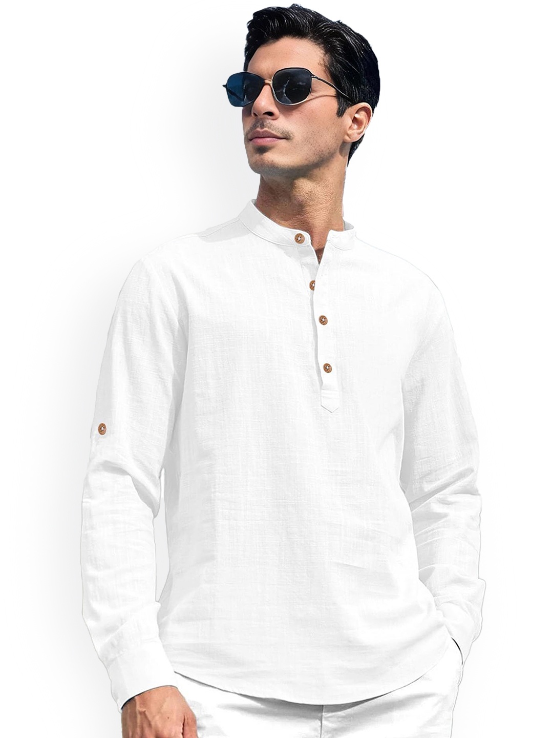 

Vida Loca Band Collar Cotton Straight Slim Fit Short Kurta, White