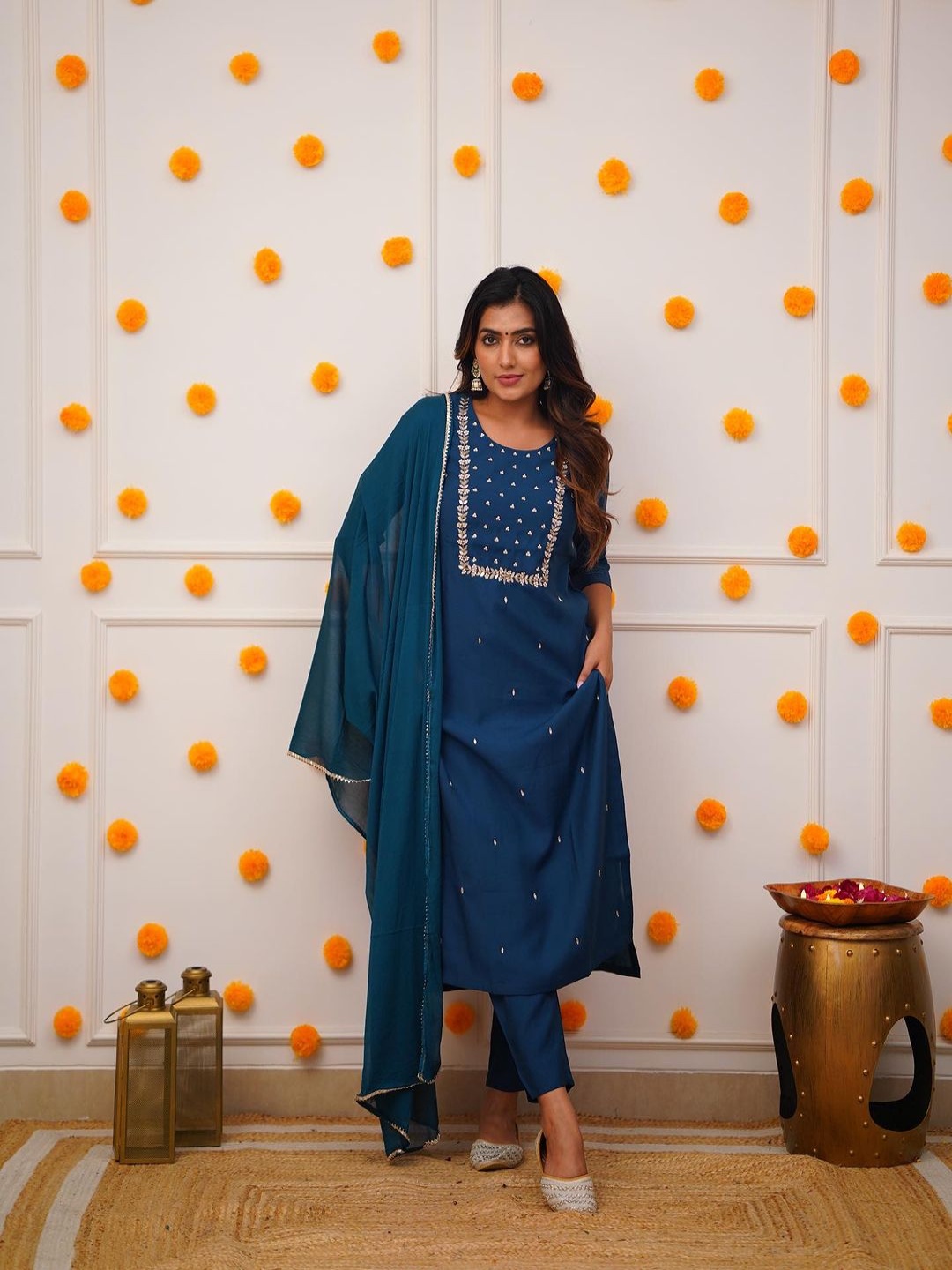 

Moda Rapido Blue Round Neck Floral Embroidered Straight Kurta With Trouser And Dupatta, Navy blue