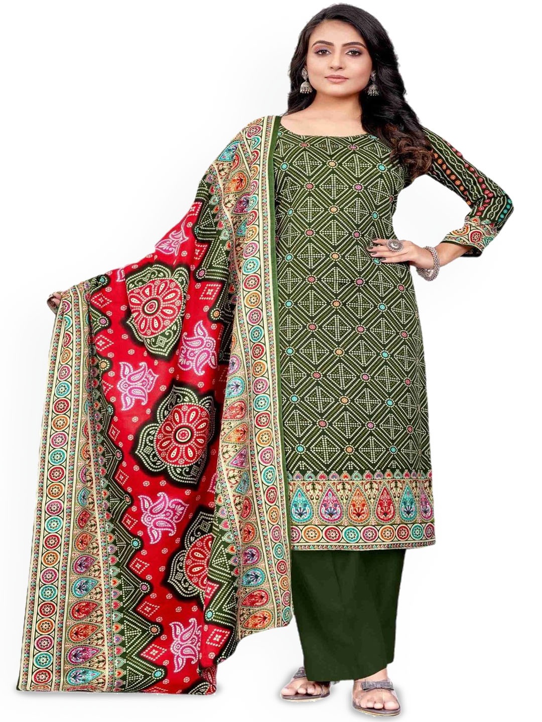 

DRAVINAM Trends Bandhani Printed Unstitched Dress Material, Green