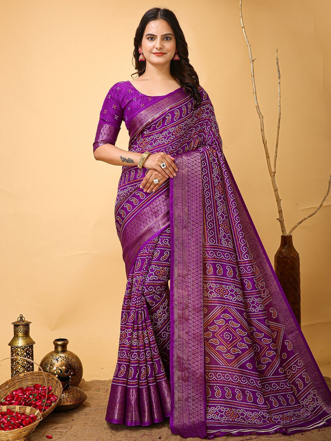 

Anouk Rustic Bandhani Zari Silk Blend Bandhani Saree, Purple