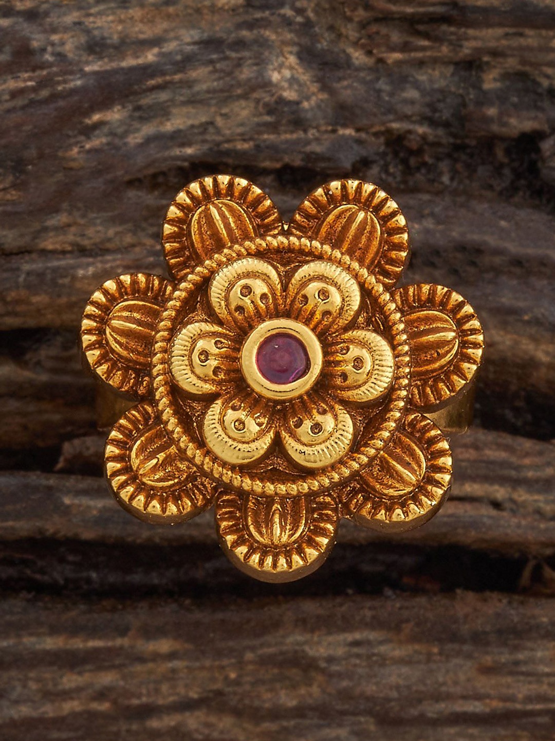 

Kushal's Fashion Jewellery Ruby Gold-Plated Stone-Studded Adjustable Antique Finger Ring