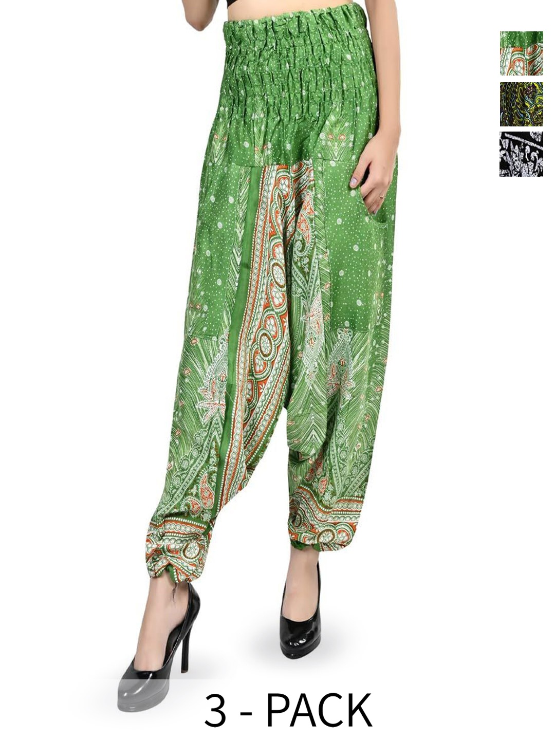 

NarNari Pack Of 3 Printed Mid-Rise Harem Pants, Green