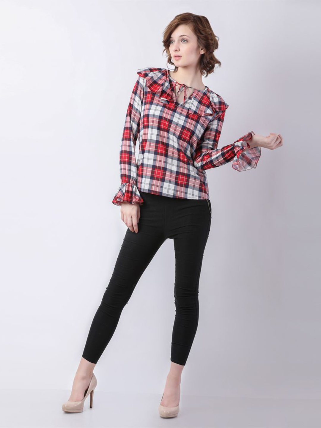 

DELIS Checked Tie-Up Neck Bell Sleeve Cotton Top, Multi