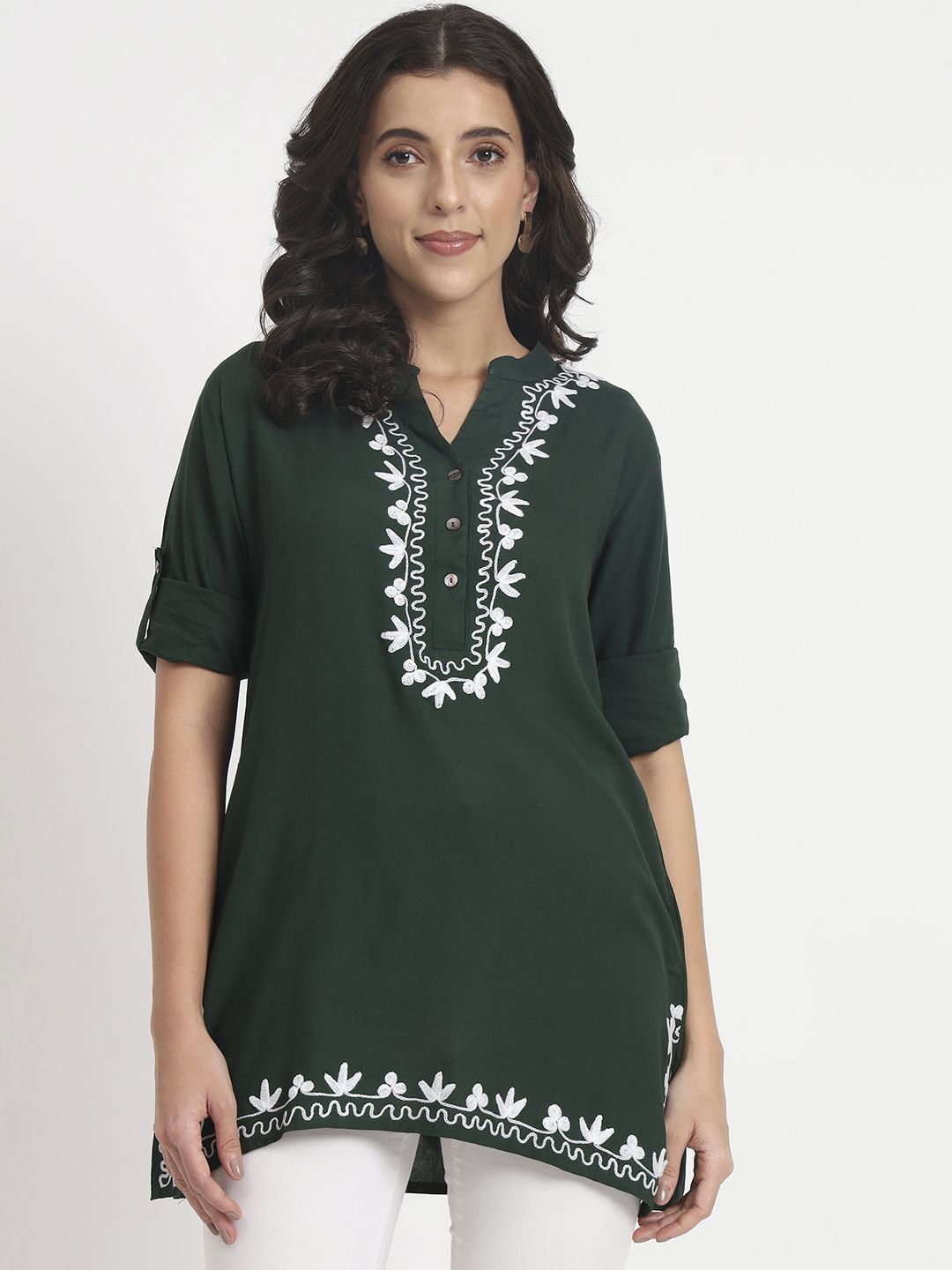 

ANGOORI FASHION Mandarin Collar Embroidered Tunic, Green