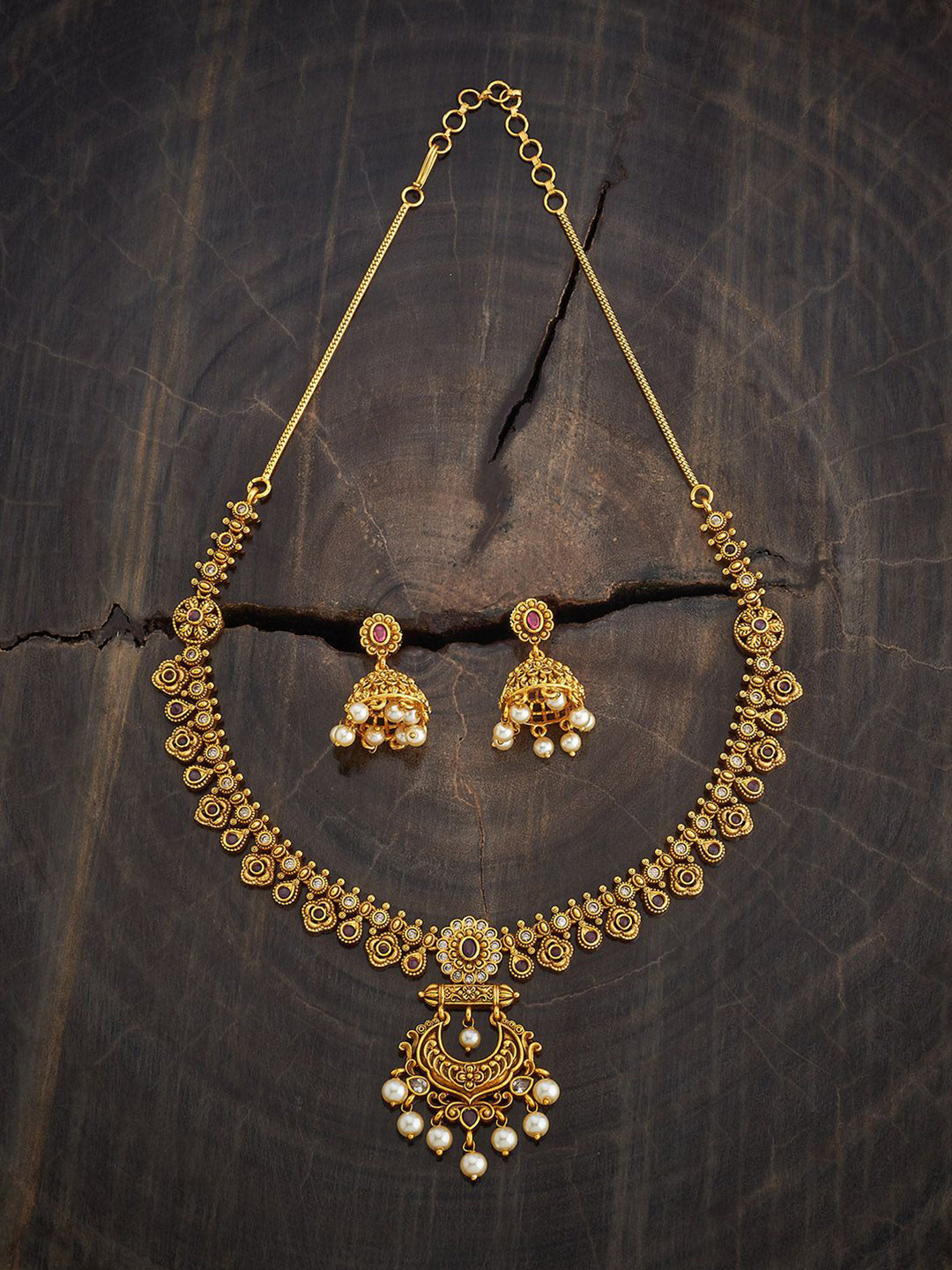 

Kushal's Fashion Jewellery Copper Ruby-Green Gold-Plated Antique Necklace