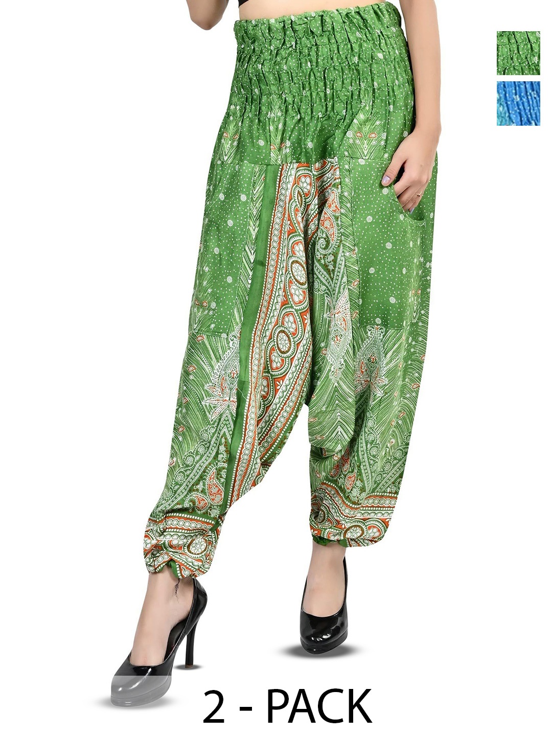 

NarNari Women Pack Of 2 Printed High-Rise Harem Pants, Green