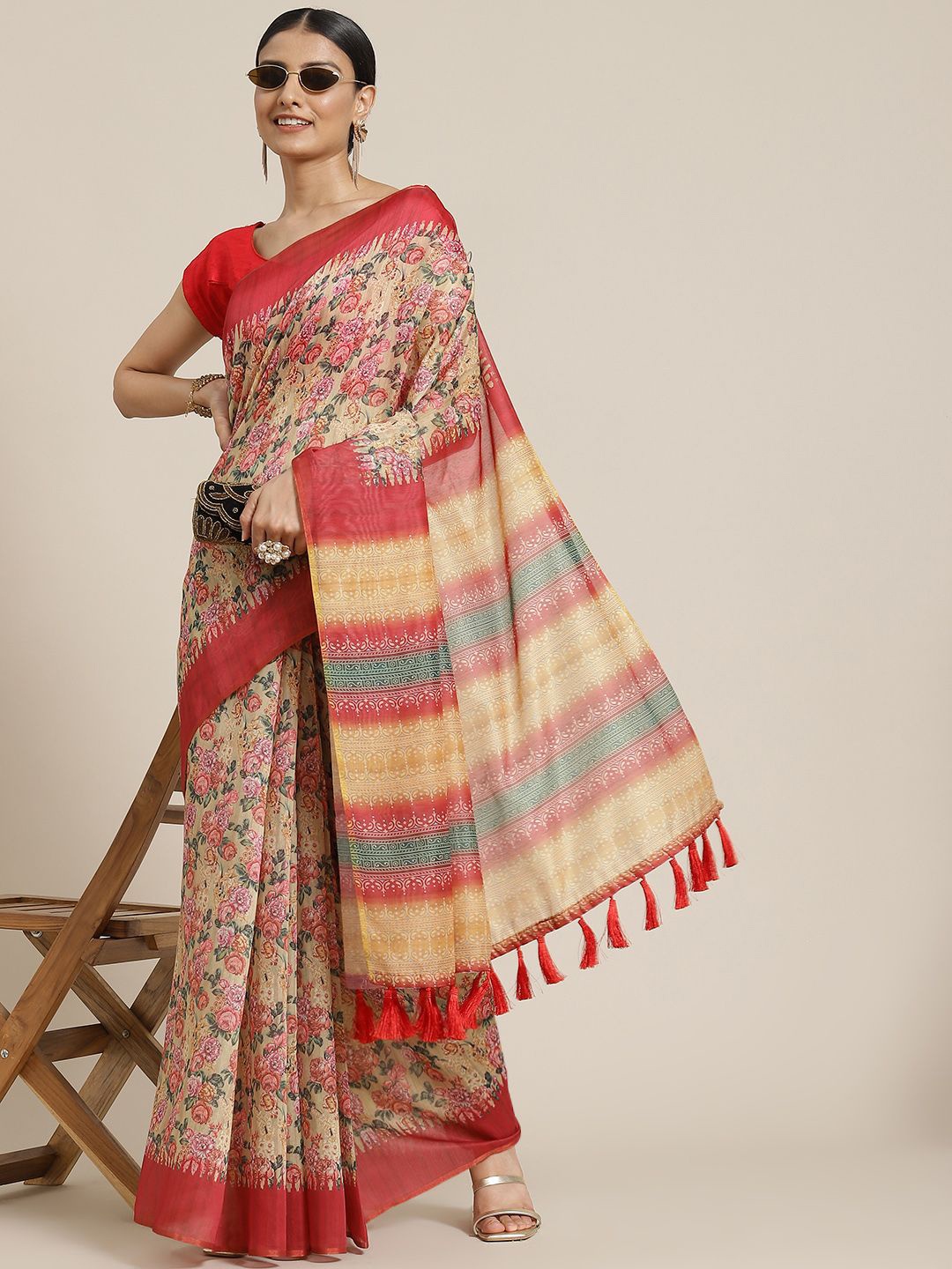 

DIVASTRI Digital Printed Kalamkari Chanderi Cotton Saree with Tassels, Beige