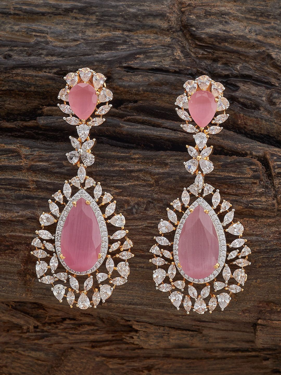 

Kushal's Fashion Jewellery Pink Teardrop Shaped Cubic Zircon Drop Earrings, Gold