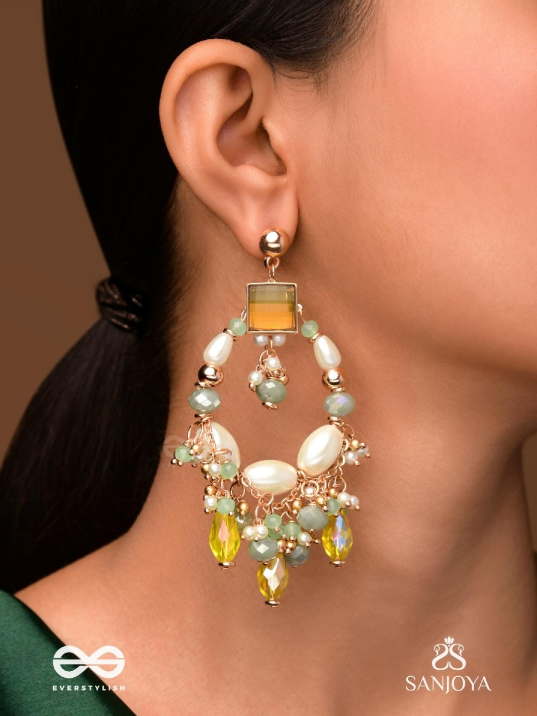 

EVERSTYLISH Sanjoya Statement Gold & Green Embellished Earrings, Multi