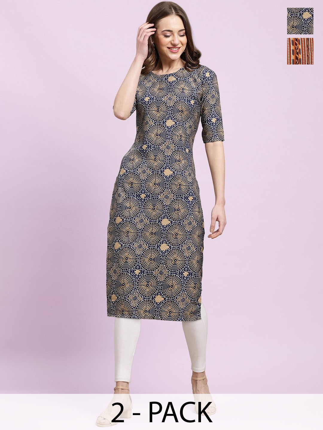 

Moda Rapido Navy Blue & Brown Selection Of 2 Geometric Printed Straight Kurtas