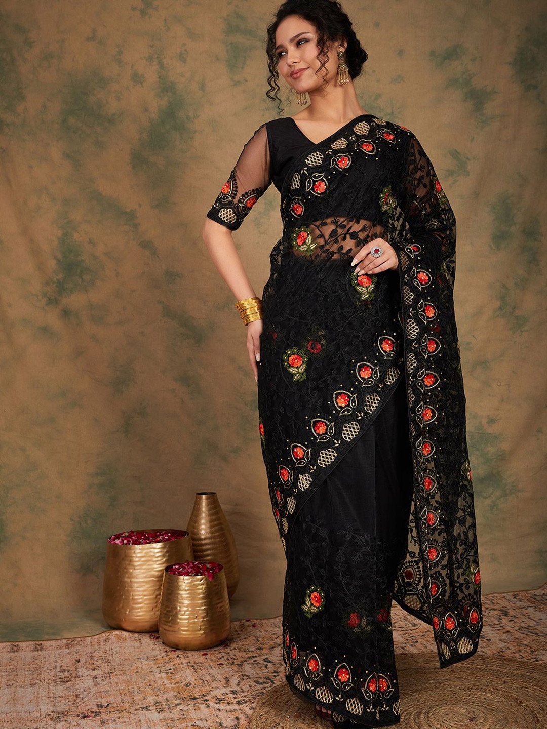 

DEVATITHI Ethnic Motifs Beads and Stones Net Saree, Black