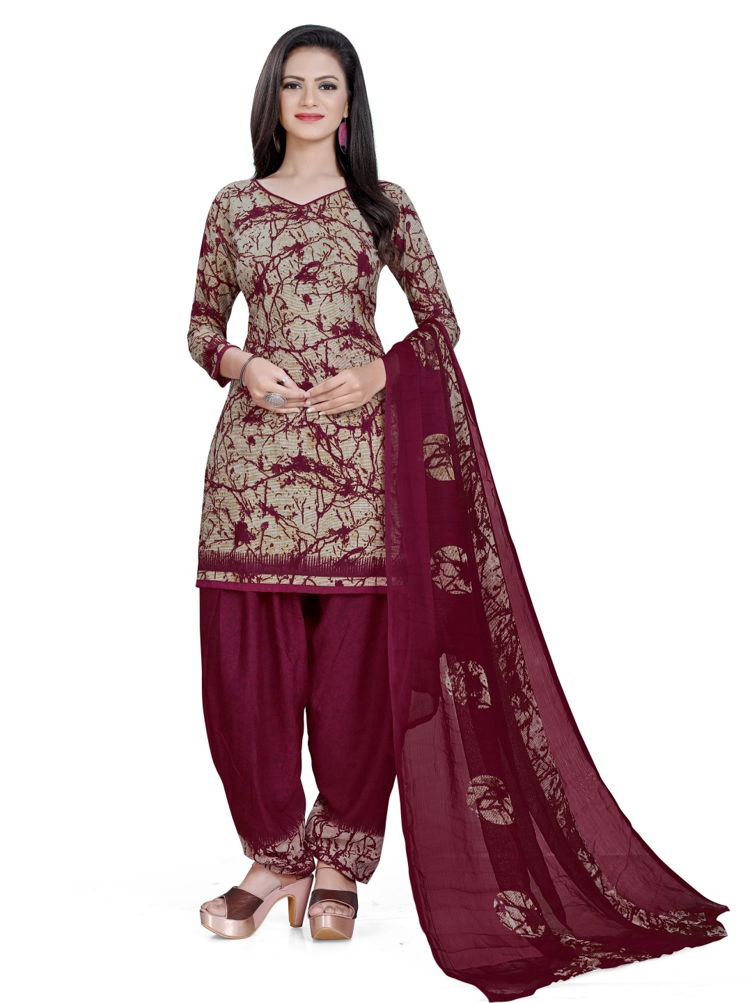 

HERE&NOW Abstract Printed Unstitched Dress Material, Maroon