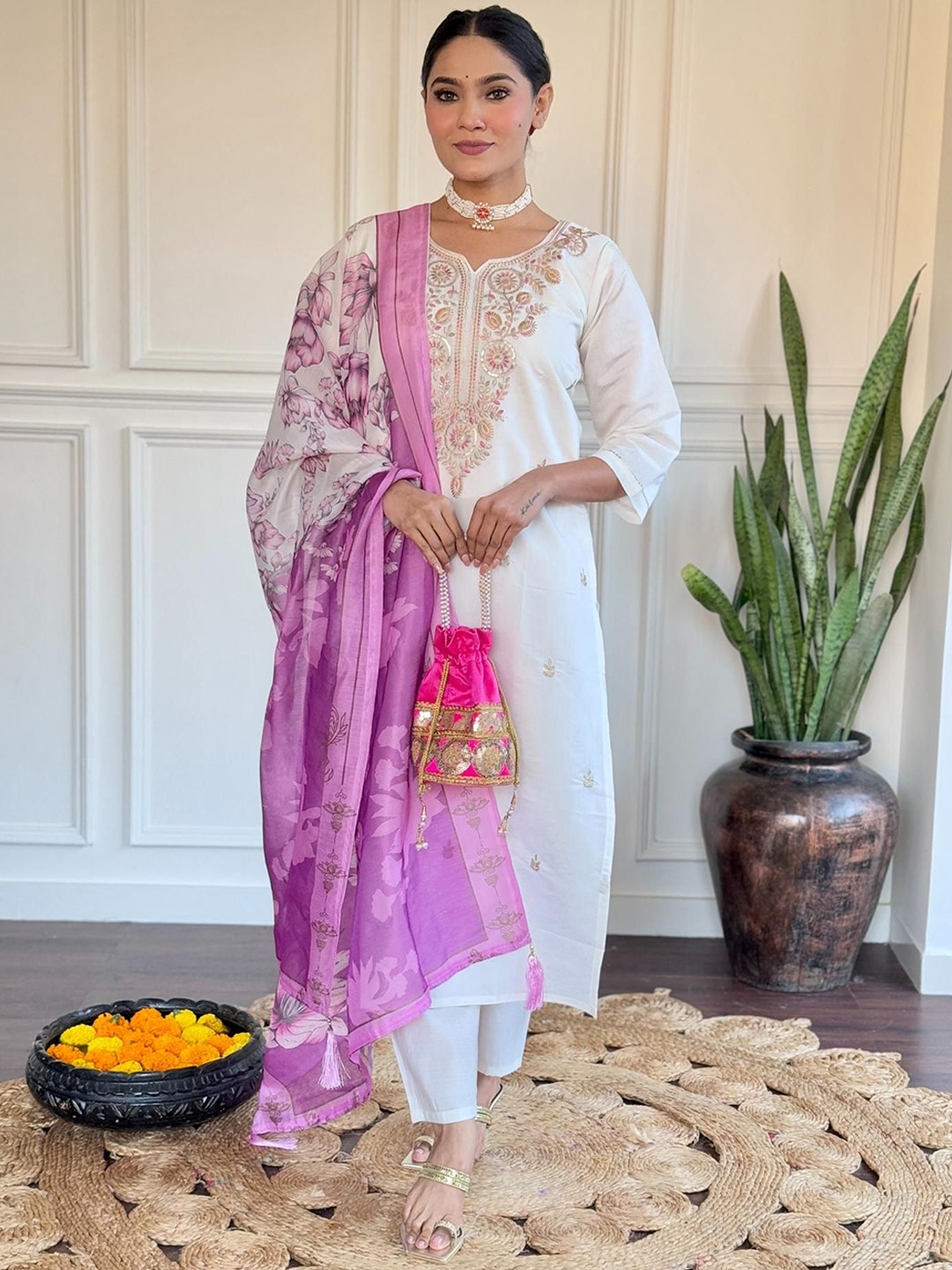 

Moda Rapido Floral Embroidered Notch Neck Kurta with Trousers & Dupatta, White
