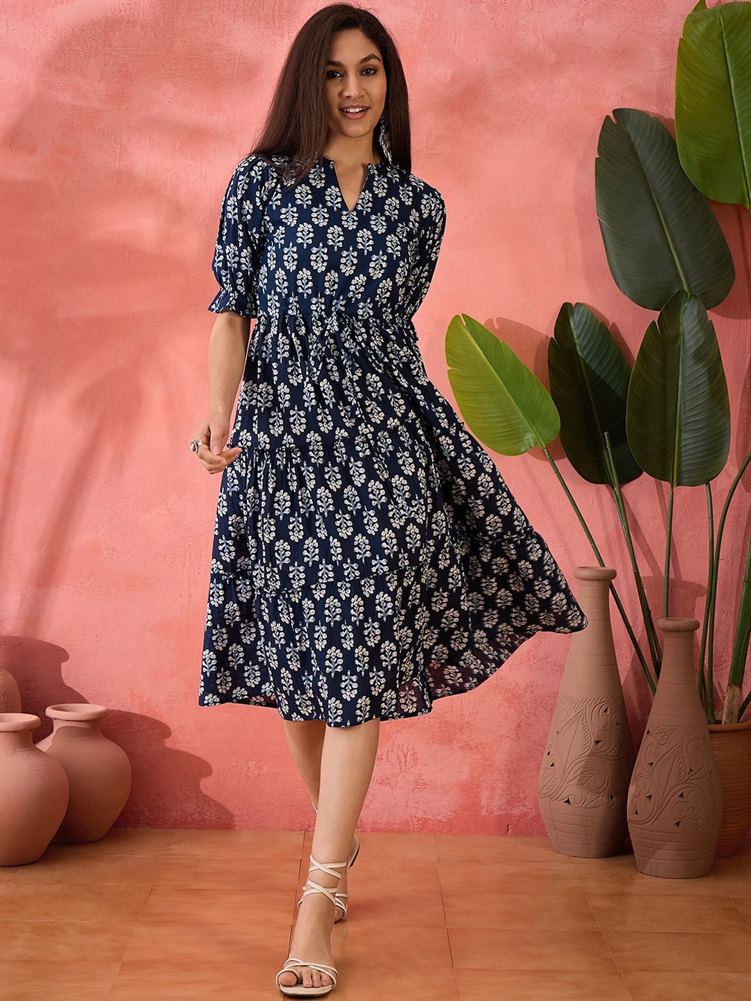

Sangria Printed Pure Cotton A-Line Ethnic Dress, Navy blue