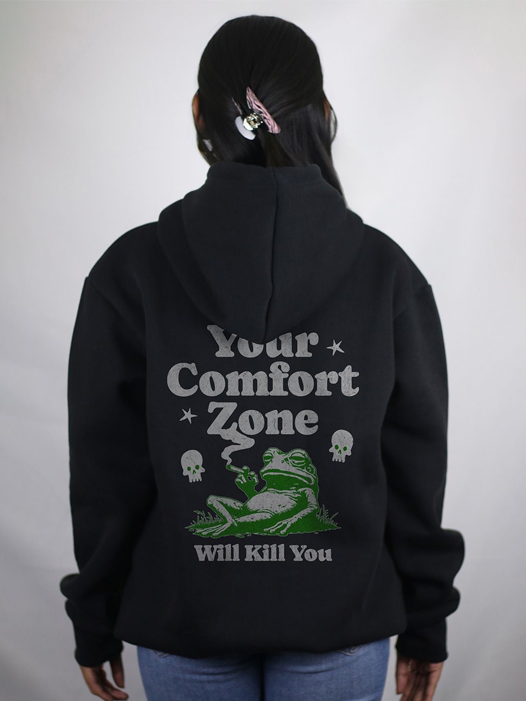 

EKSDEE Women Printed Hooded Sweatshirt, Black