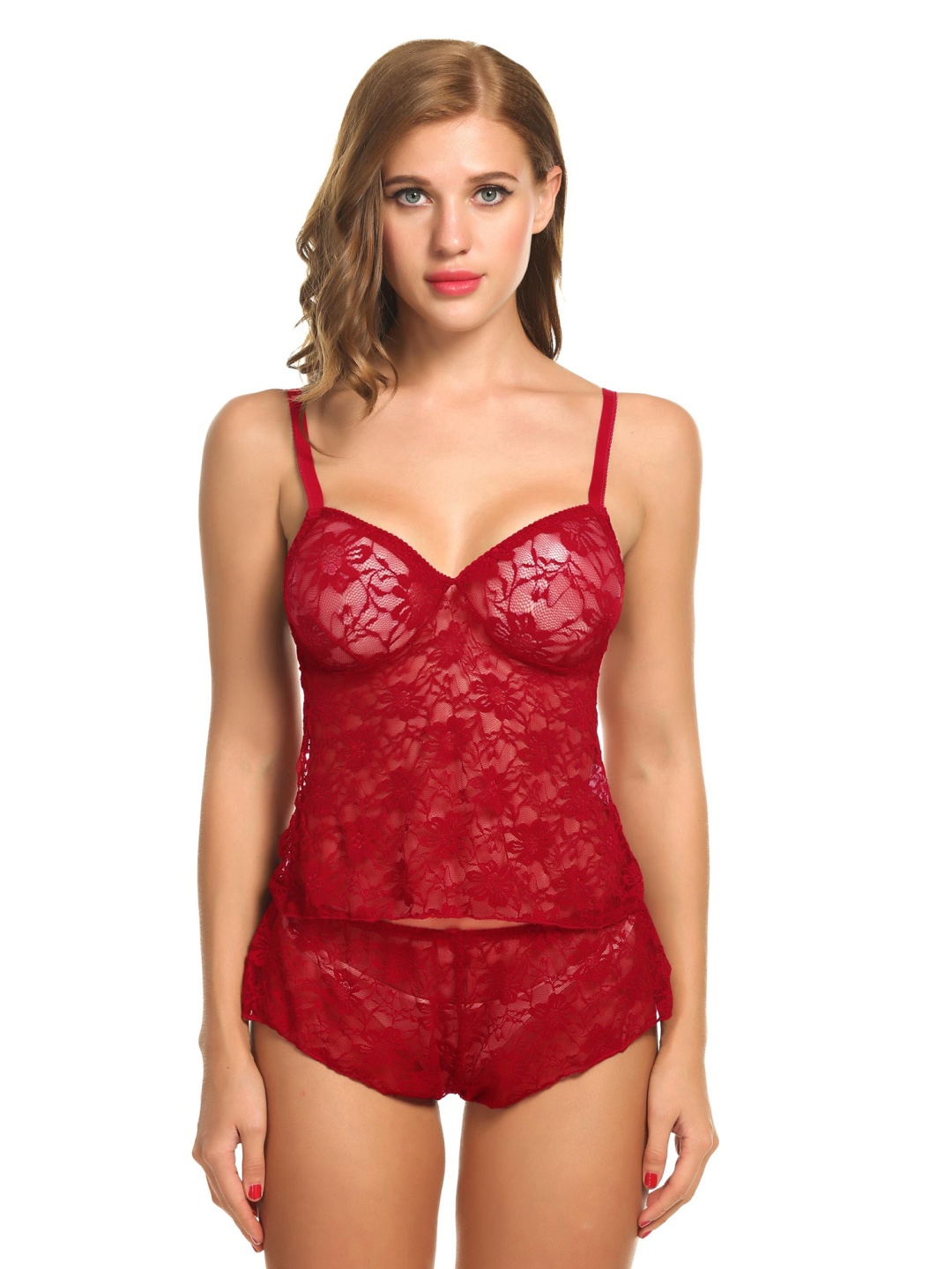 

chia fashions Women Shoulder Straps Net Baby Doll, Red