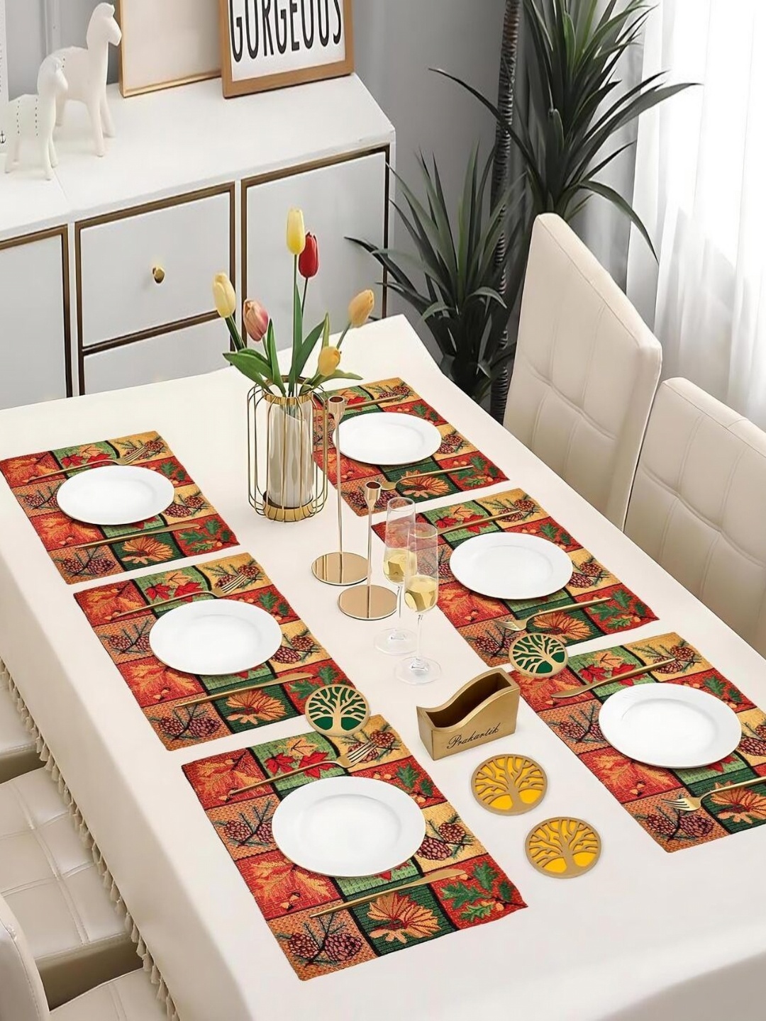 

PRAKARTIK Green & Red 13 Pieces Printed Cotton Table Placemats & Coasters