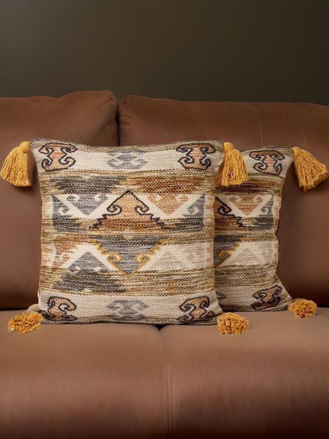 

Aura Beige And Grey 2 Pieces Ethnic Motifs Textured Square Cushion Covers, Brown