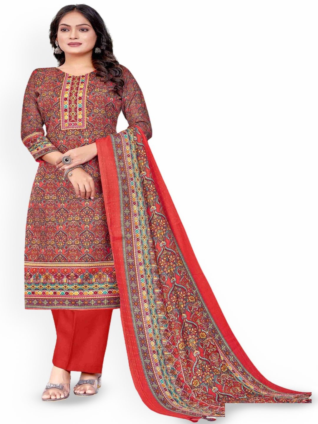 

DRAVINAM Trends Ethnic Motifs Printed Unstitched Dress Material, Red
