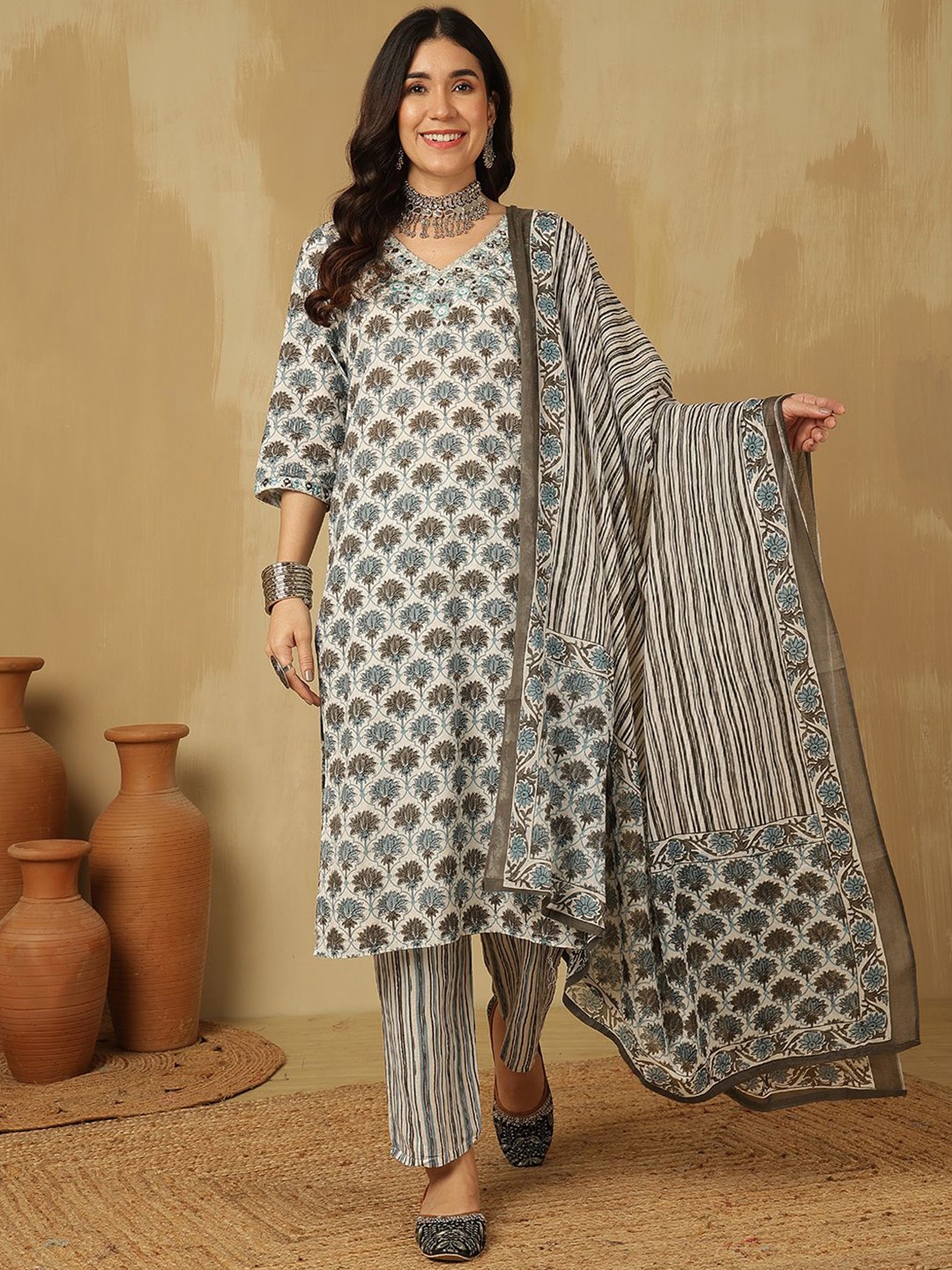 

Sangria Printed Pure Cotton Straight Kurta & Trouser With Dupatta, White