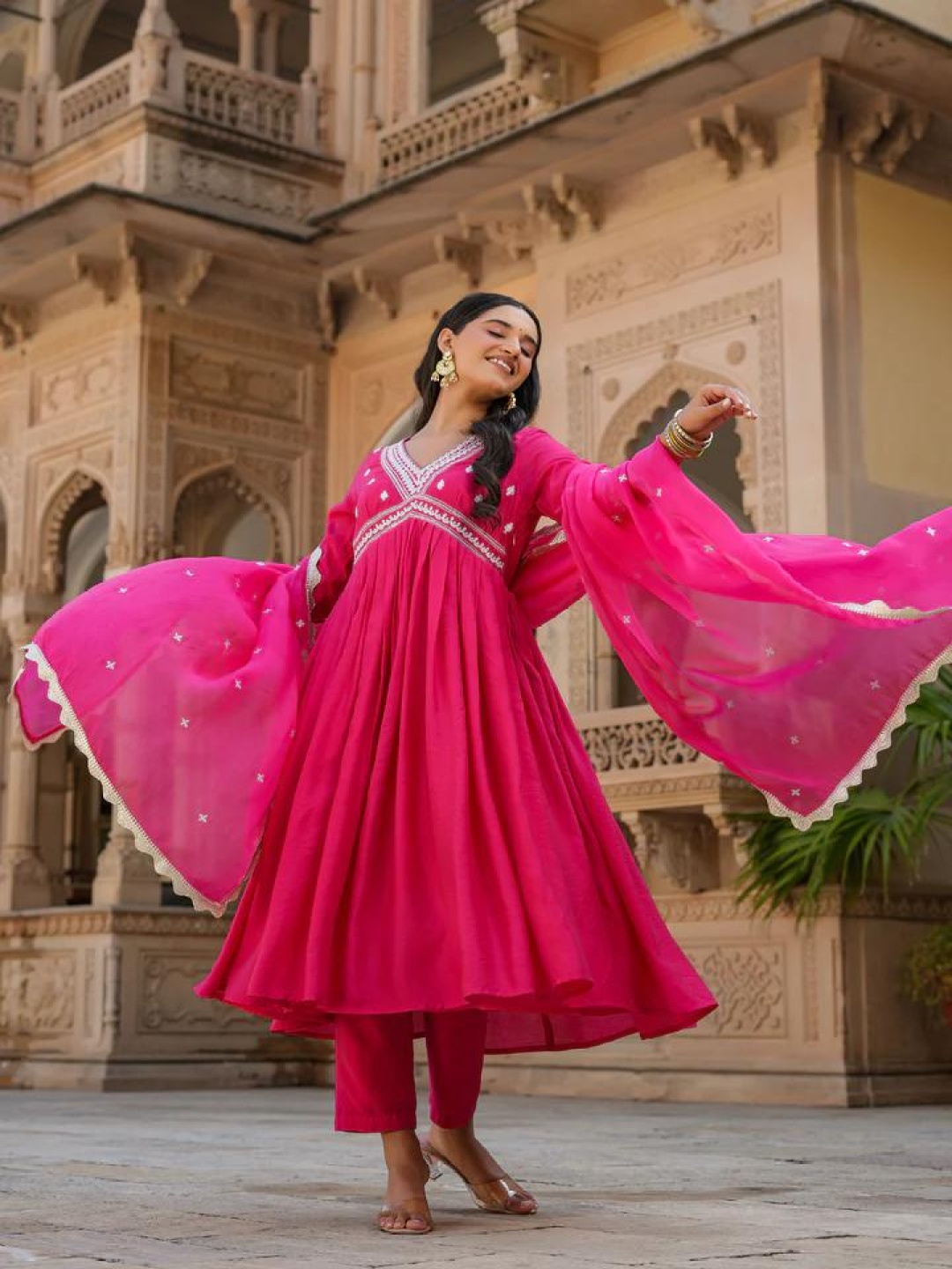 

KALINI Women Floral Embroidered Empire Thread Work Chanderi Silk Kurta with Trousers & With Dupatta, Fuchsia