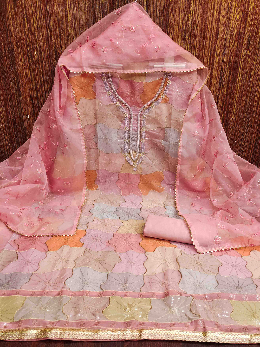 

KALINI Embellished Organza Unstitched Dress Material, Pink