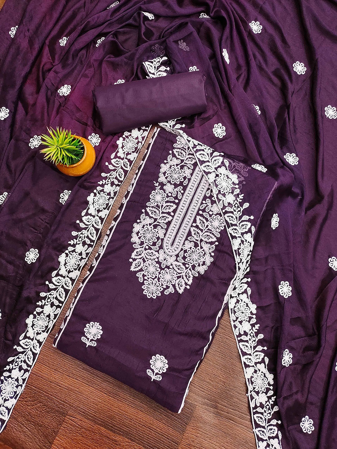 

KALINI Embroidered Pure Cotton Unstitched Dress Material, Purple