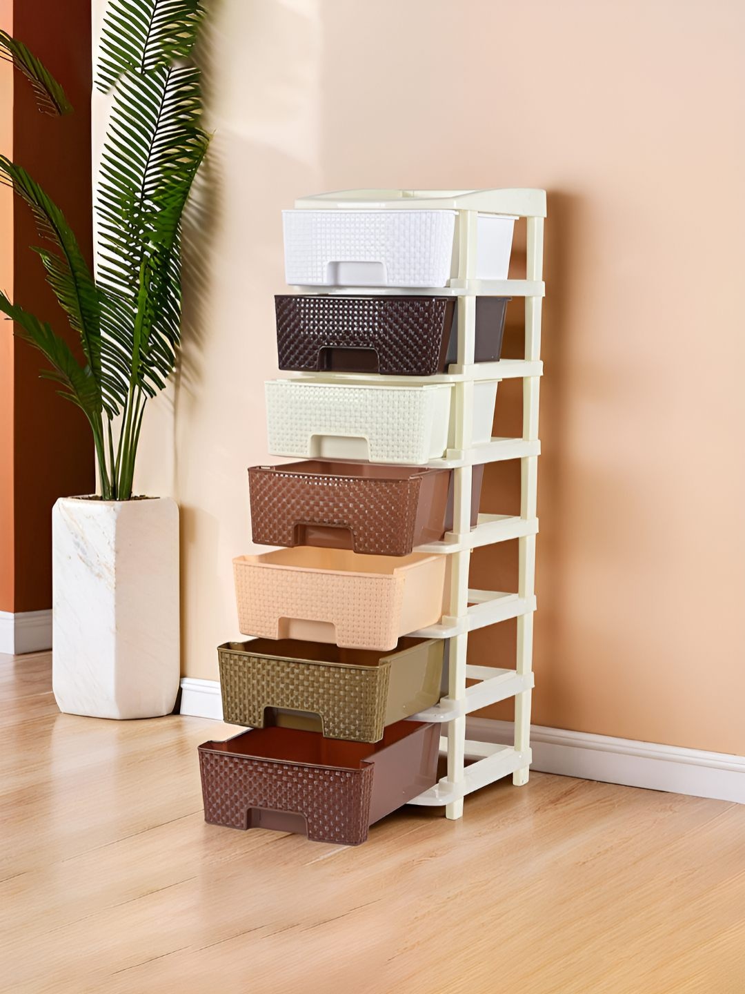 

Kuber Industries Brown and White Textured 7-Layer Modular Storage Drawer