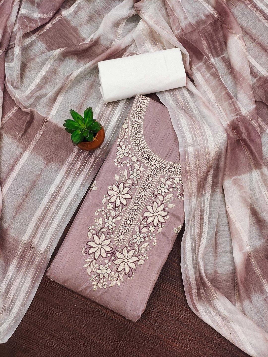 

KALINI Embroidered Pure Cotton Unstitched Dress Material, Purple