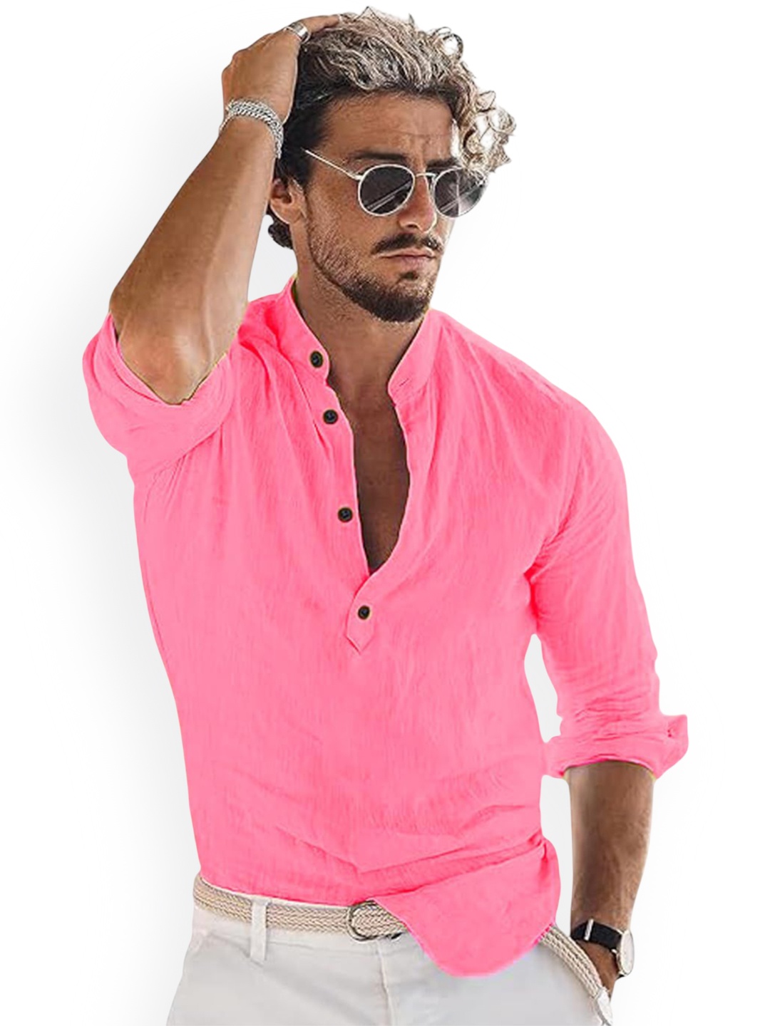 

Vida Loca Cotton Band Collar Slim Fit Short Kurta, Pink
