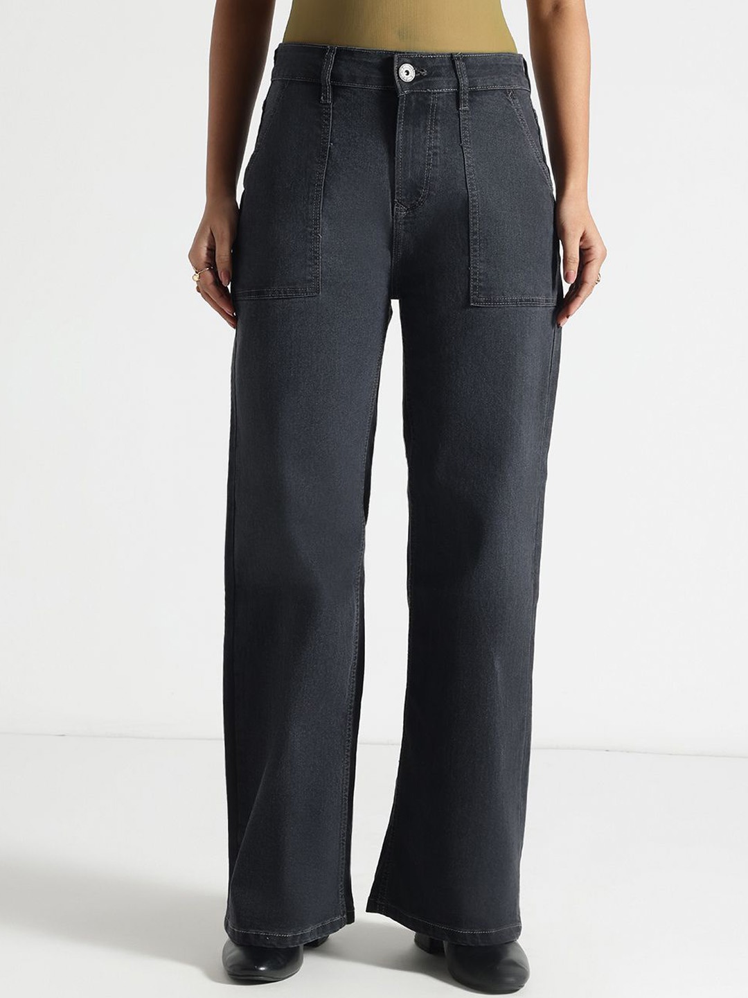 

Code 61 Women Wide Leg High-Rise Light Fade Stretchable Jeans, Black