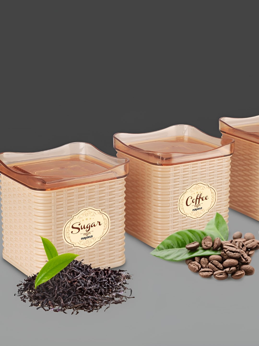 

Nayasa Sofia Set of 3 Brown BPA Free Air Tight Tea Coffee & Sugar Containers, Beige