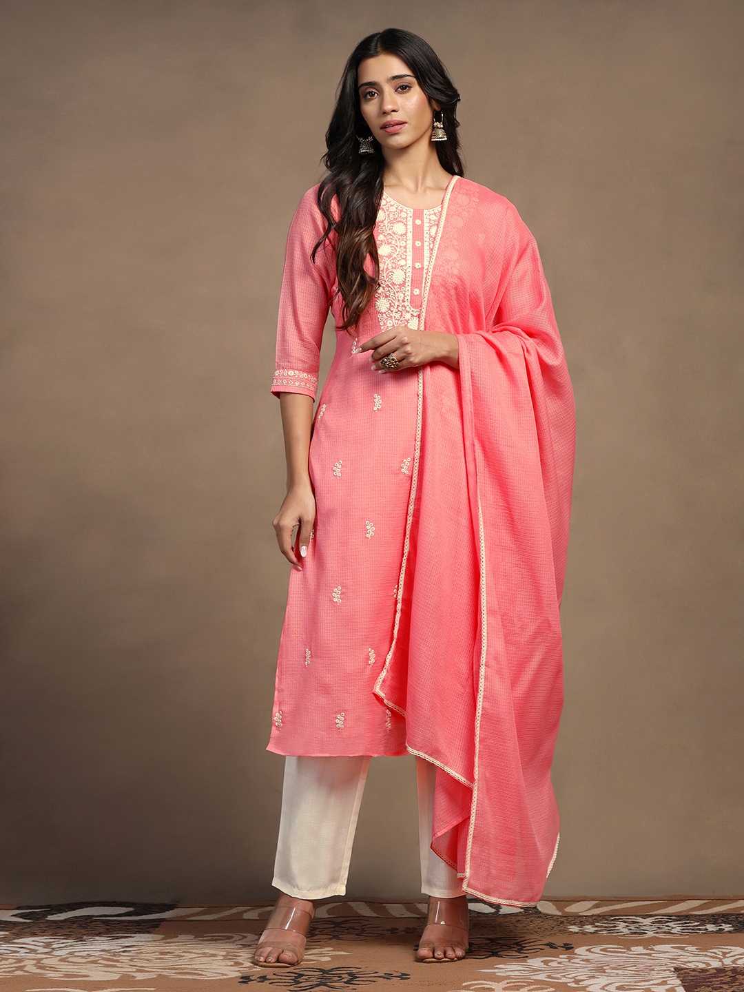 

Moda Rapido Floral Embroidered Straight Kurta With Trousers And Dupatta, Pink