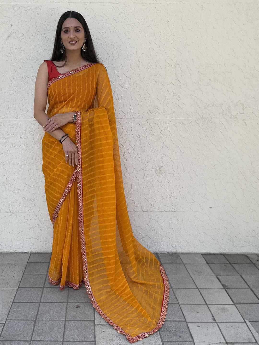 

A TO Z CART Striped Sequinned Pure Chiffon Saree, Mustard