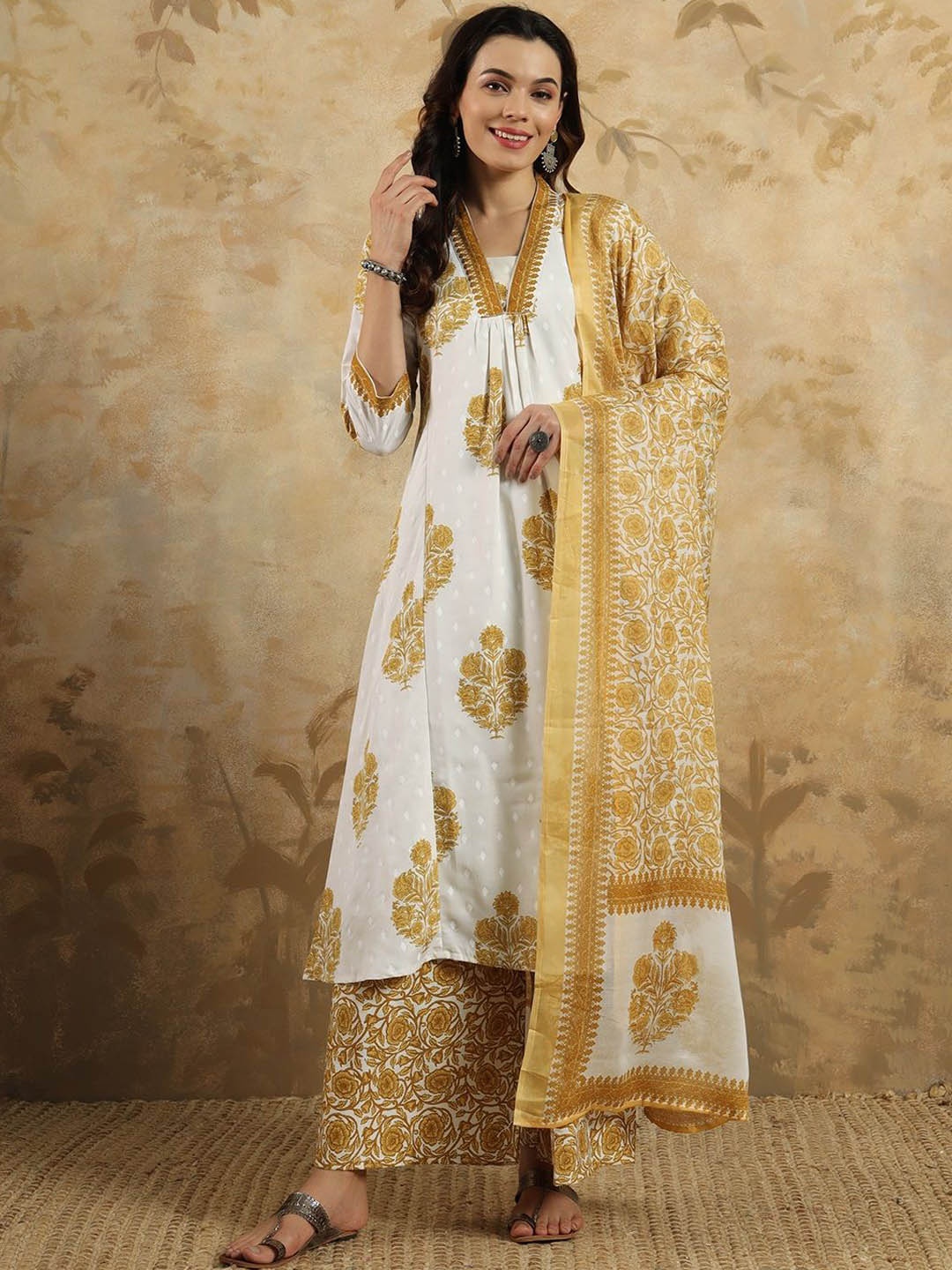 

Moda Rapido Floral Printed V-Neck A-Line Kurta With Palazzo And Dupatta, Yellow