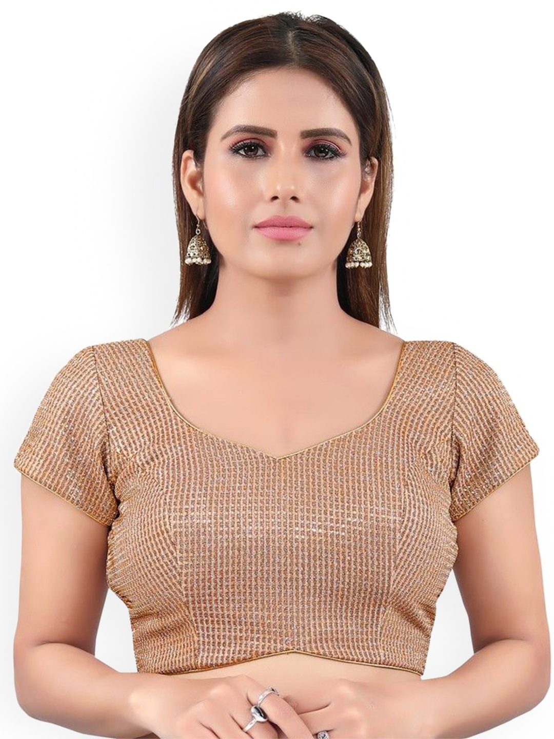 

Mmore Women Embroidered Sequinned Padded Saree Blouse, Copper