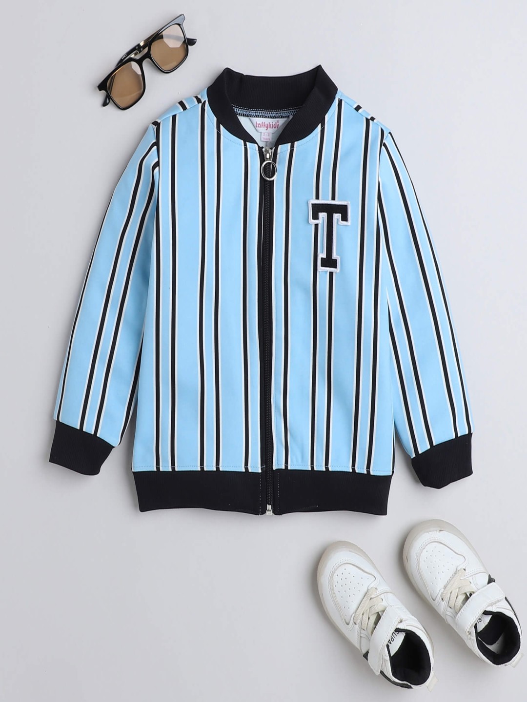 

taffykids Boys Striped Open Front Jacket, Blue