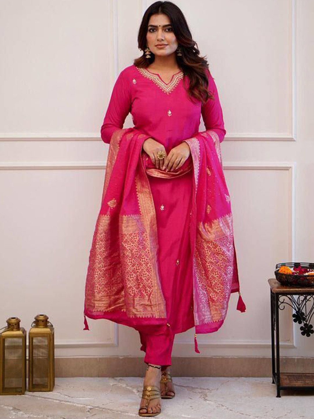 

Moda Rapido Ethnic Motifs Embroidered V-Neck Straight Kurta With Trousers And Dupatta, Pink
