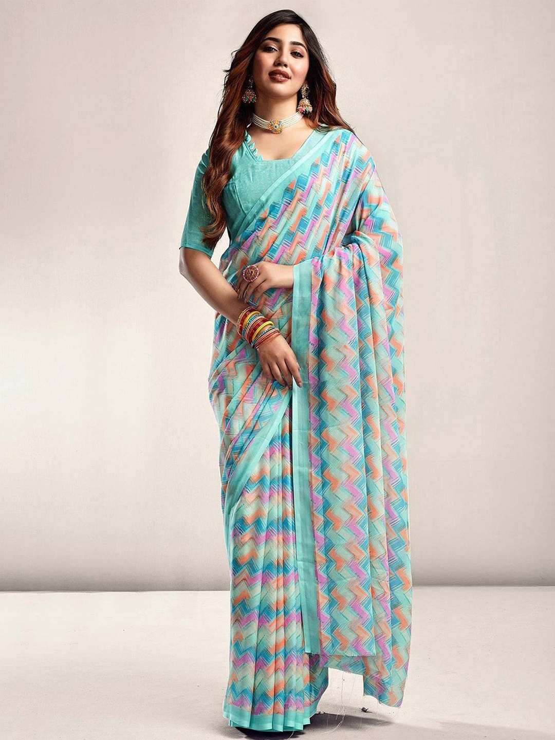 

HERE&NOW Block Print Saree, Green
