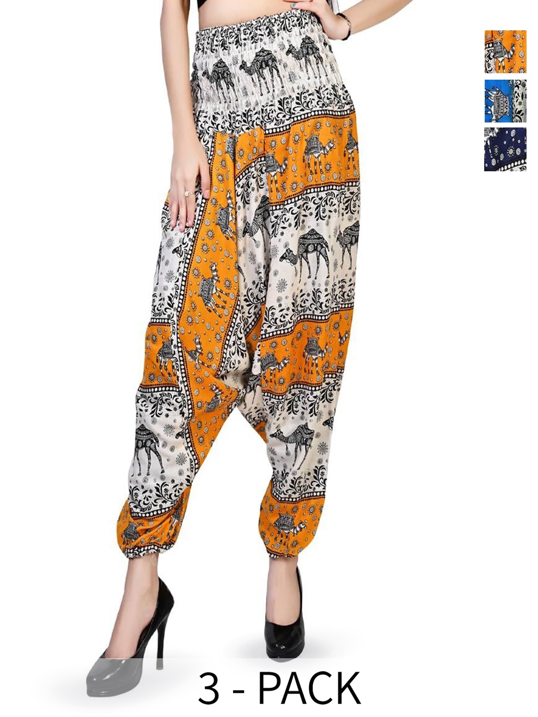 

NarNari Women Pack Of 3 Printed Mid-Rise Harem Pants, Blue