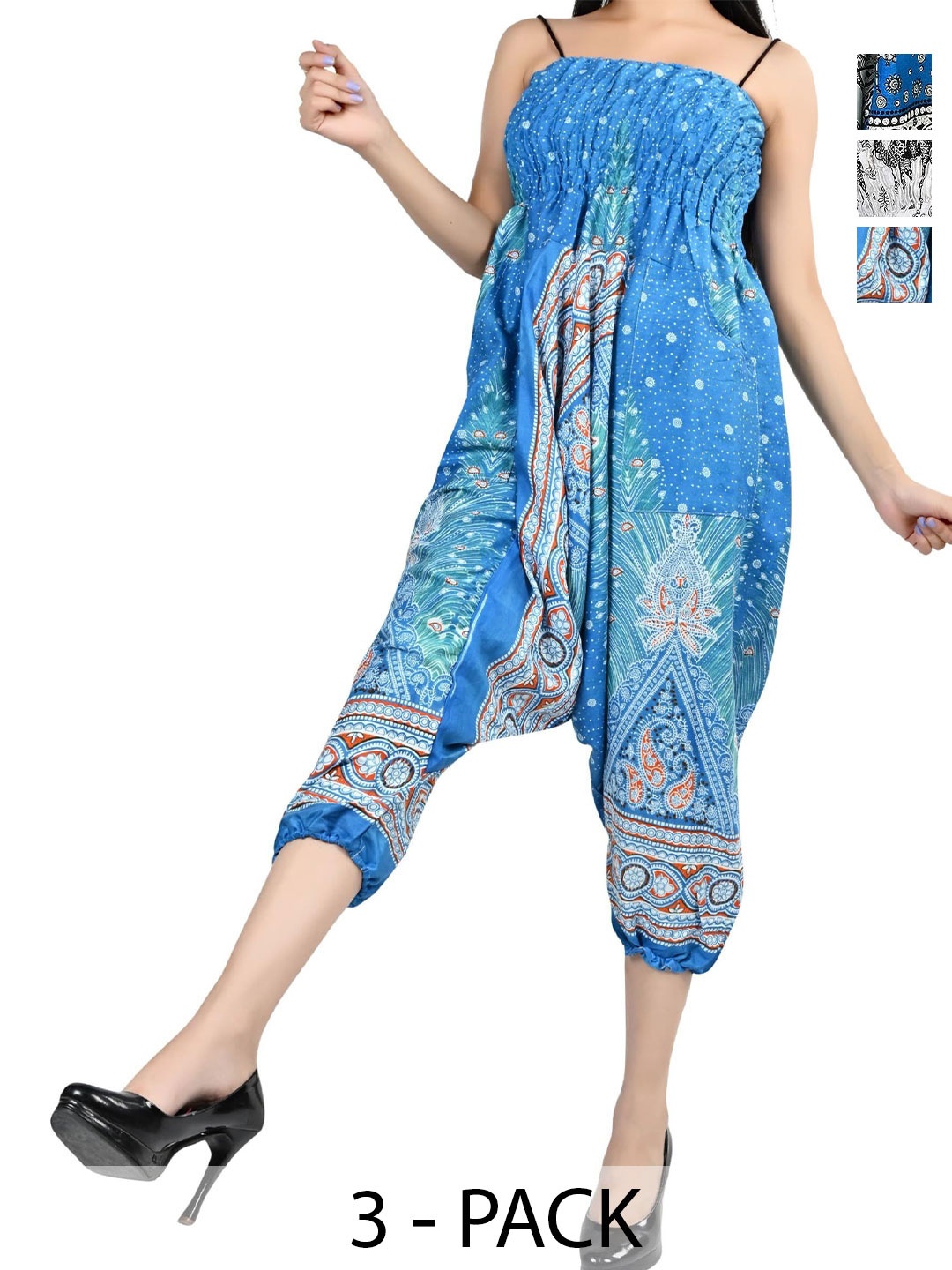 

NarNari Women Pack Of 3 Printed Mid-Rise Loose Fit Harem Pants, Blue