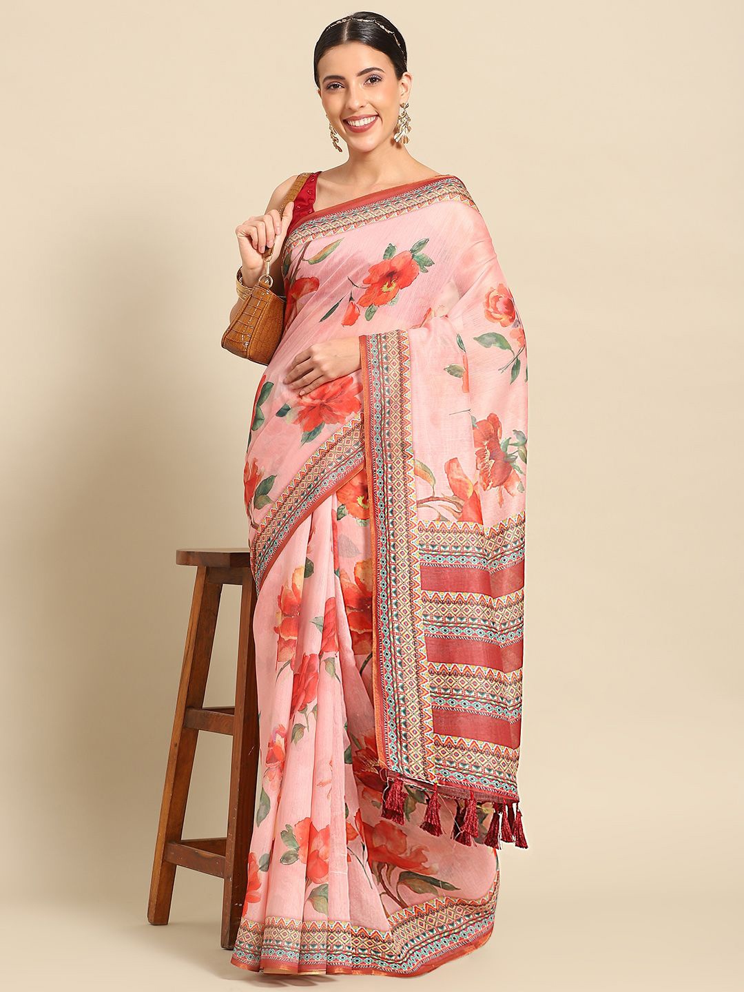 

DIVASTRI Floral Digital Printed Chanderi Cotton Saree With Tassels, Pink