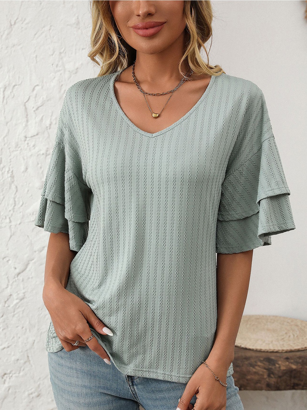 

StyleCast x Revolte Self Design V-Neck Flared Sleeves Top, Green